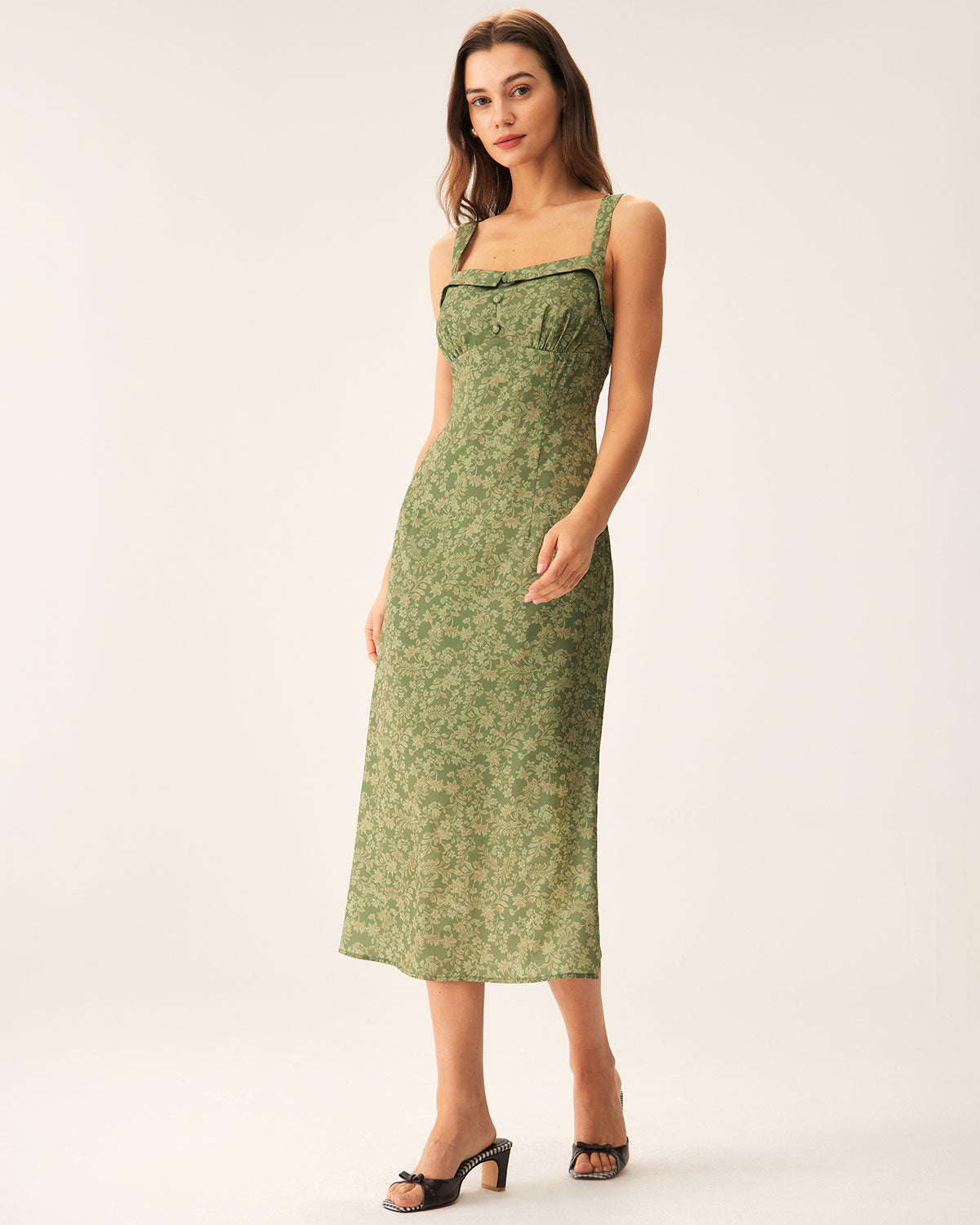 Floral Print Green Midi Dress with Square Neck