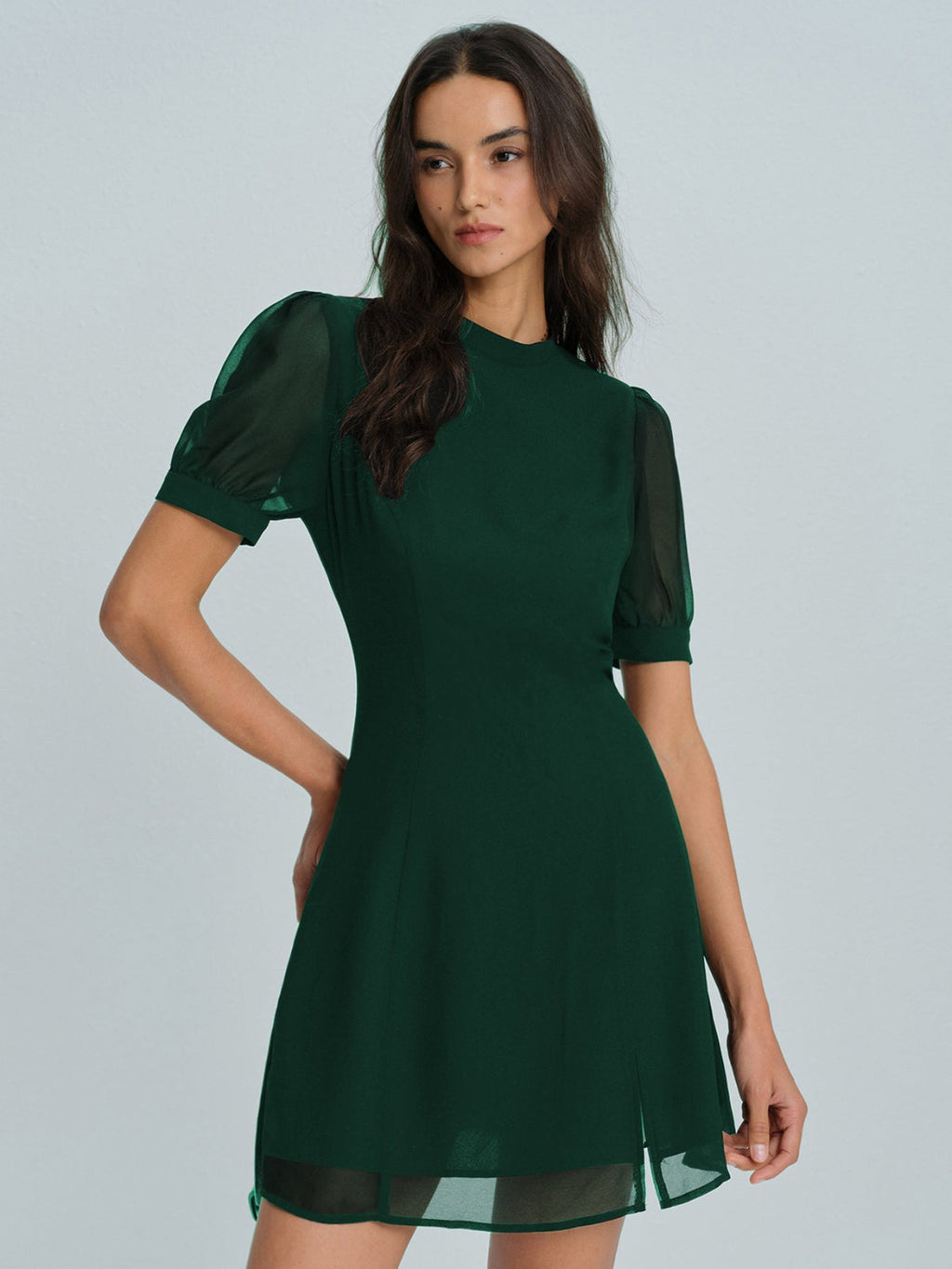 Emerald Chiffon Mock Neck Mini Dress
