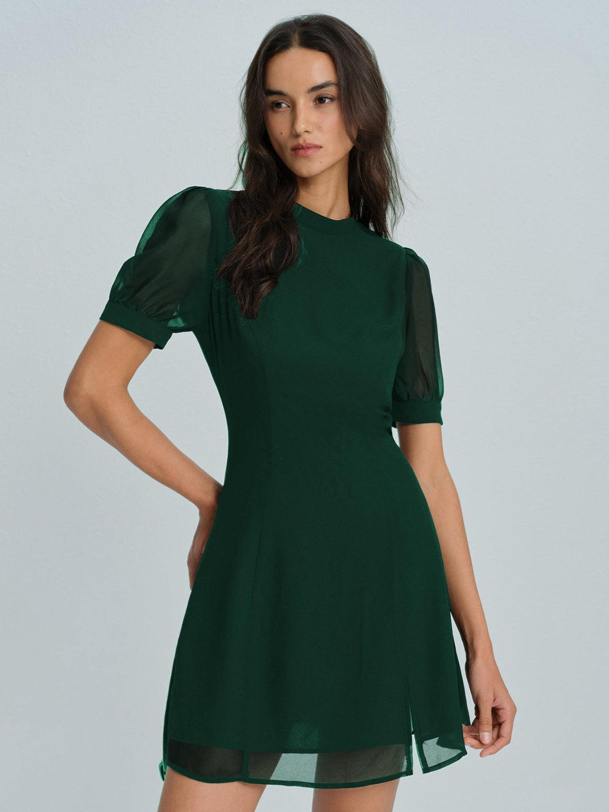 Emerald Chiffon Mock Neck Mini Dress