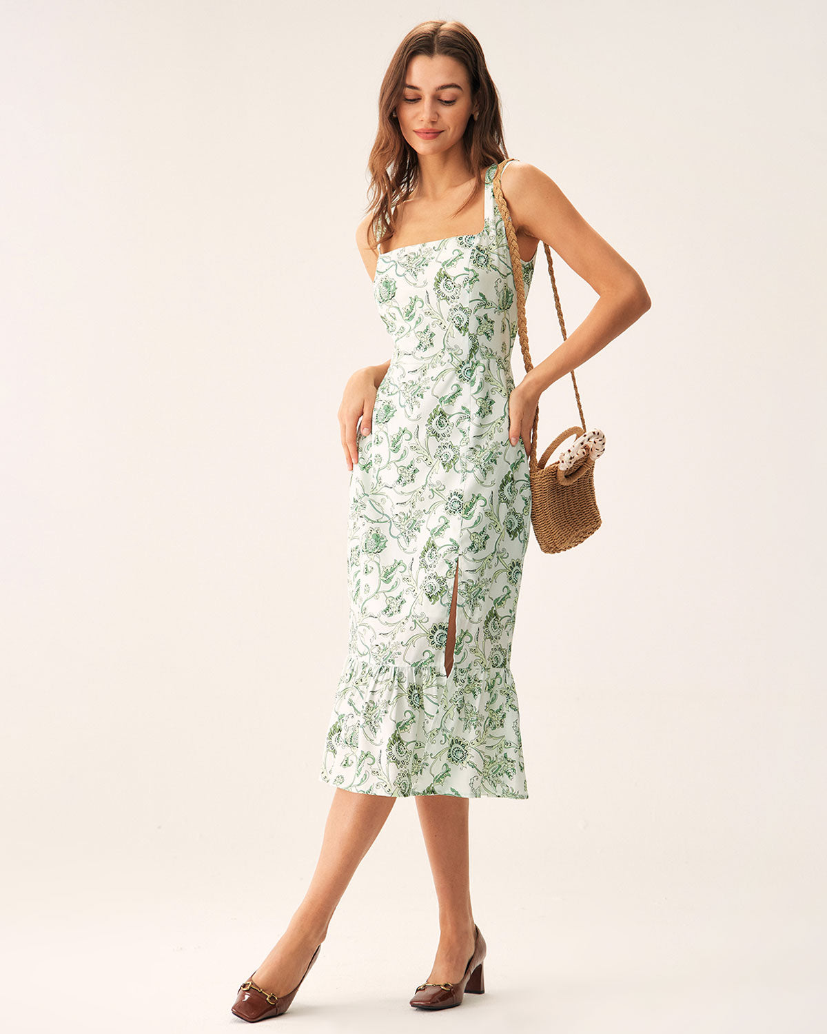 Floral Green Square Neck Midi Dress