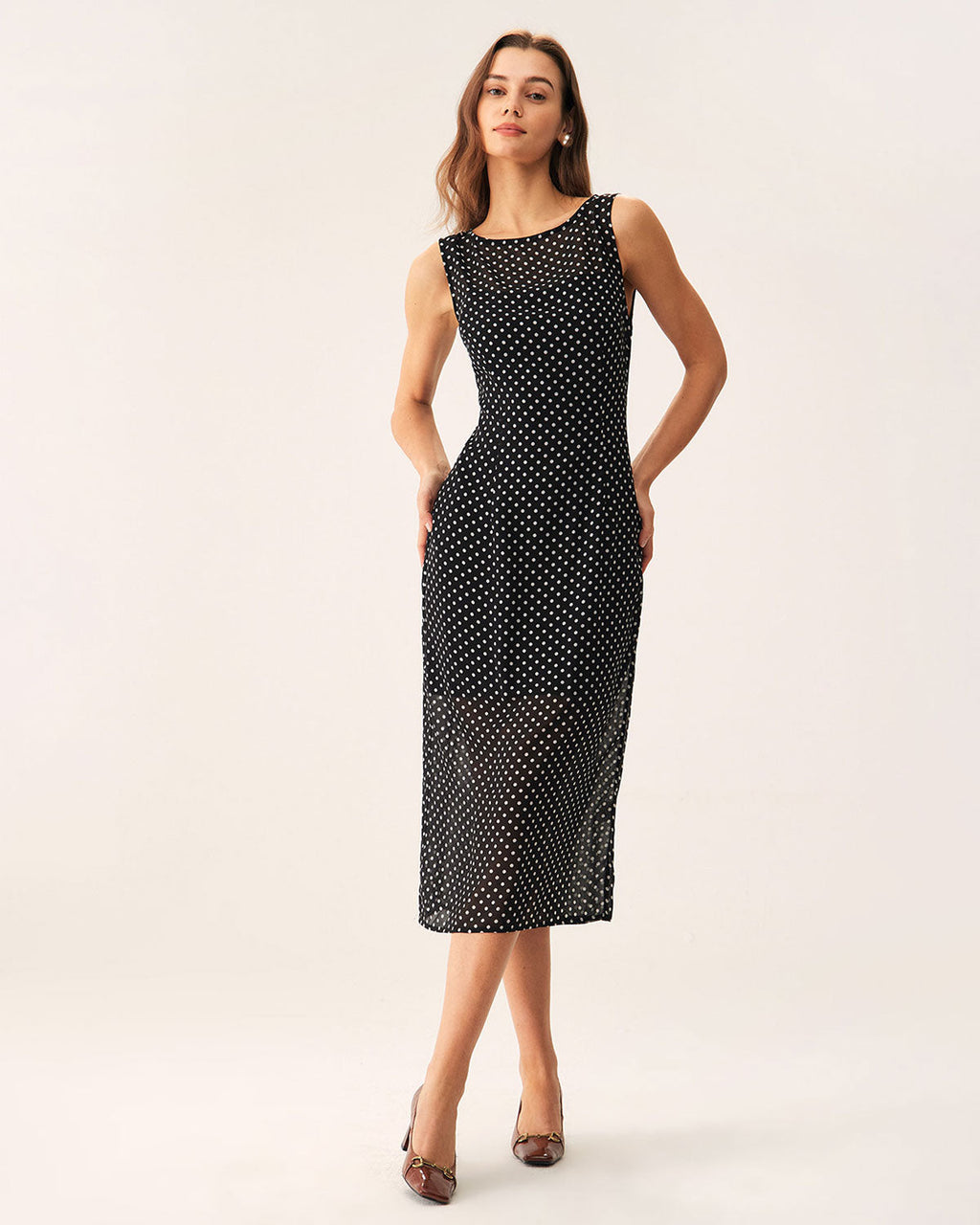 Black Midi Dress with Polka Dot Boat Neck