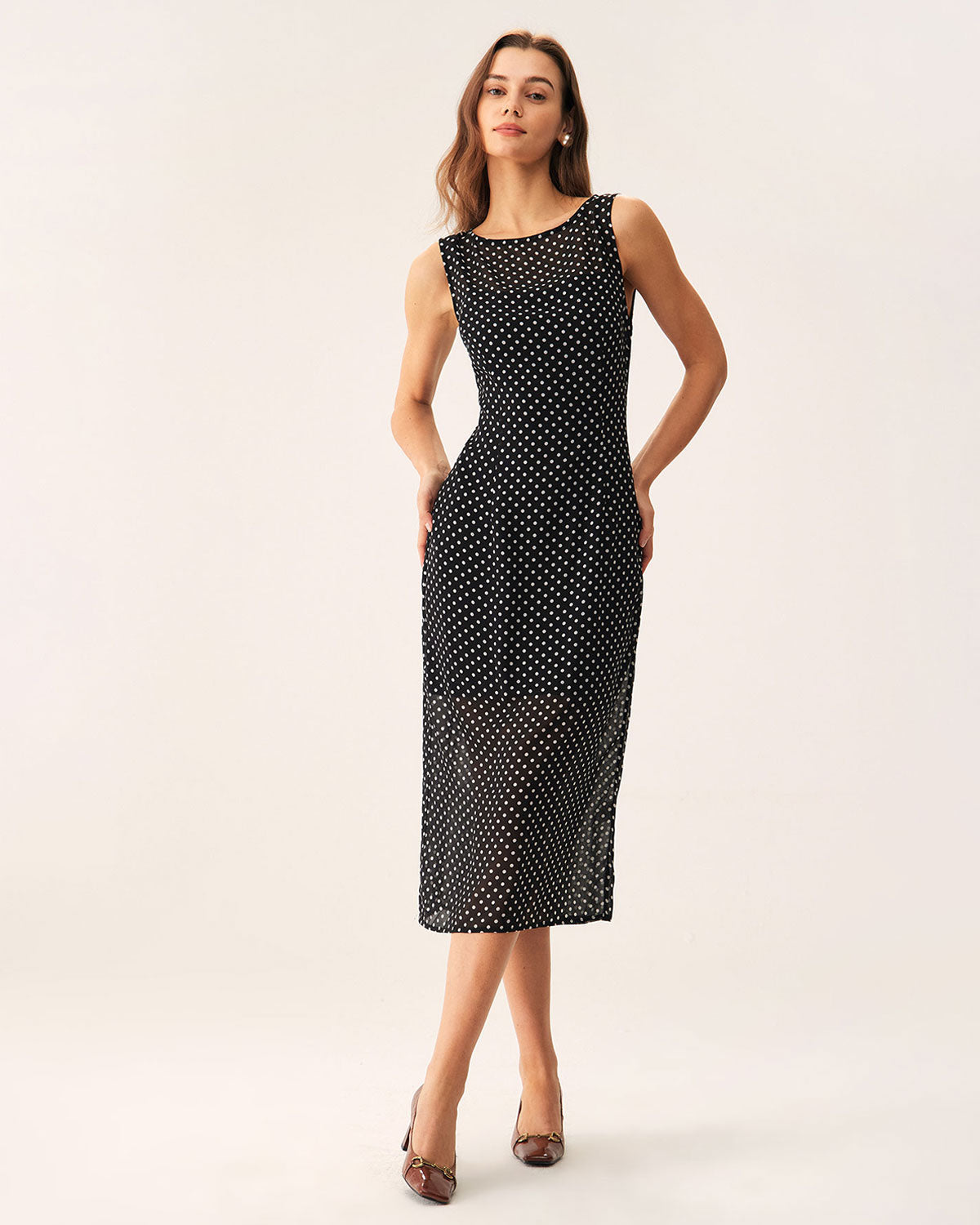 Black Midi Dress with Polka Dot Boat Neck