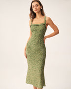 Floral Print Green Midi Dress with Square Neck