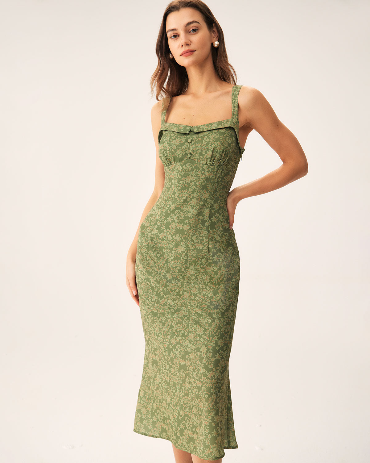 Floral Print Green Midi Dress with Square Neck