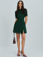 Emerald Chiffon Mock Neck Mini Dress