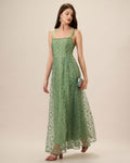 Women's Green Embroidered Mesh Maxi Slip Dress
