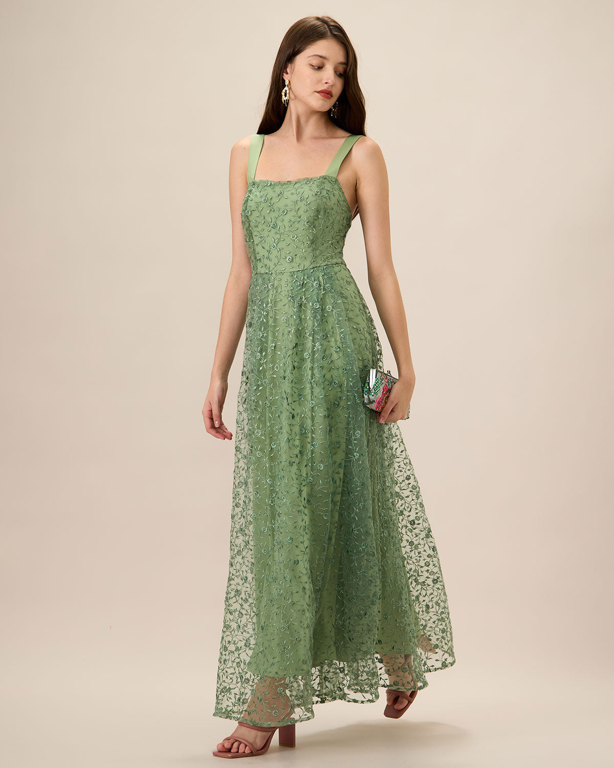 Women's Green Embroidered Mesh Maxi Slip Dress