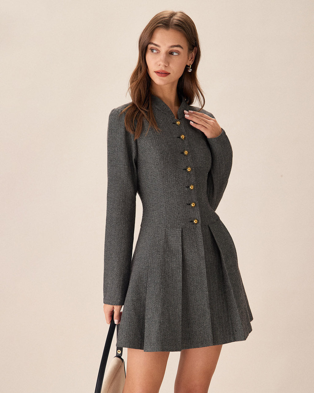 Charcoal Button-Detail Pleated Mini Dress