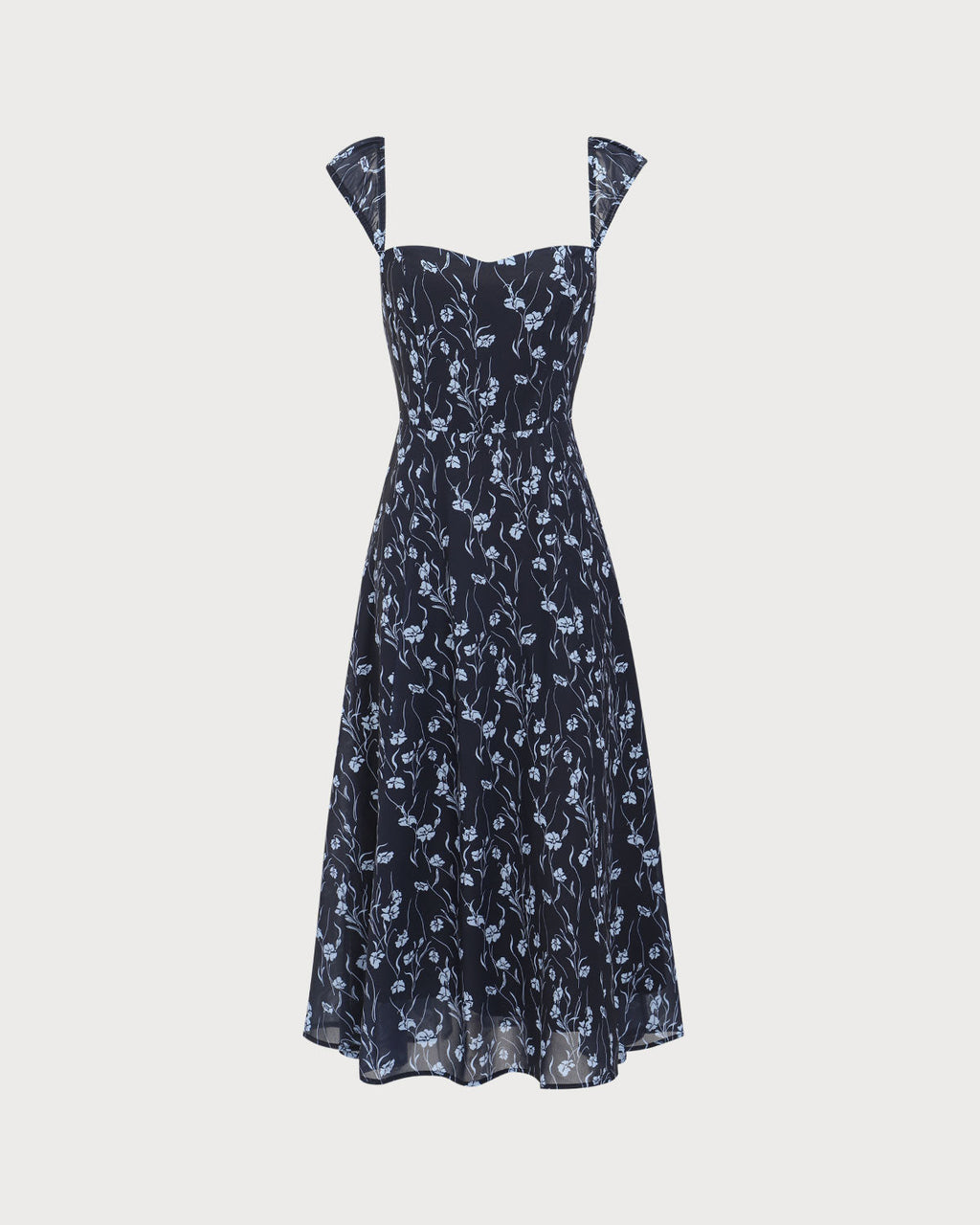Navy Floral Midi Dress with Sweetheart Neckline
