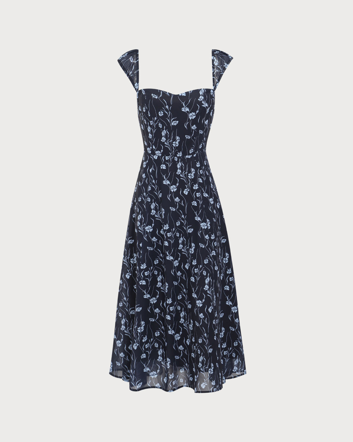 Navy Floral Midi Dress with Sweetheart Neckline