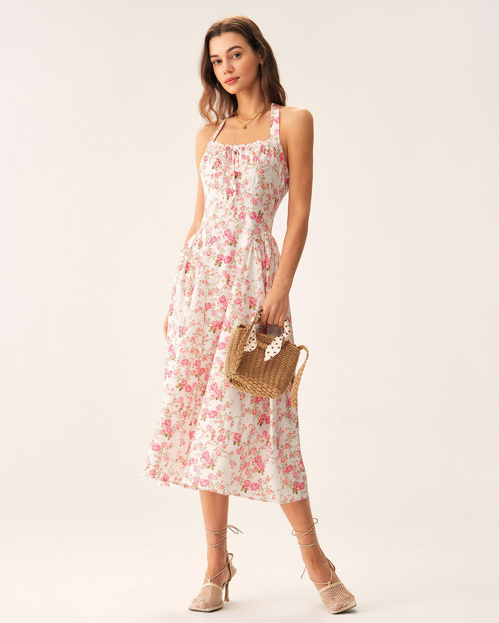 Floral Print Pink Halter Midi Dress