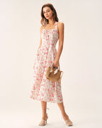 Floral Print Pink Halter Midi Dress