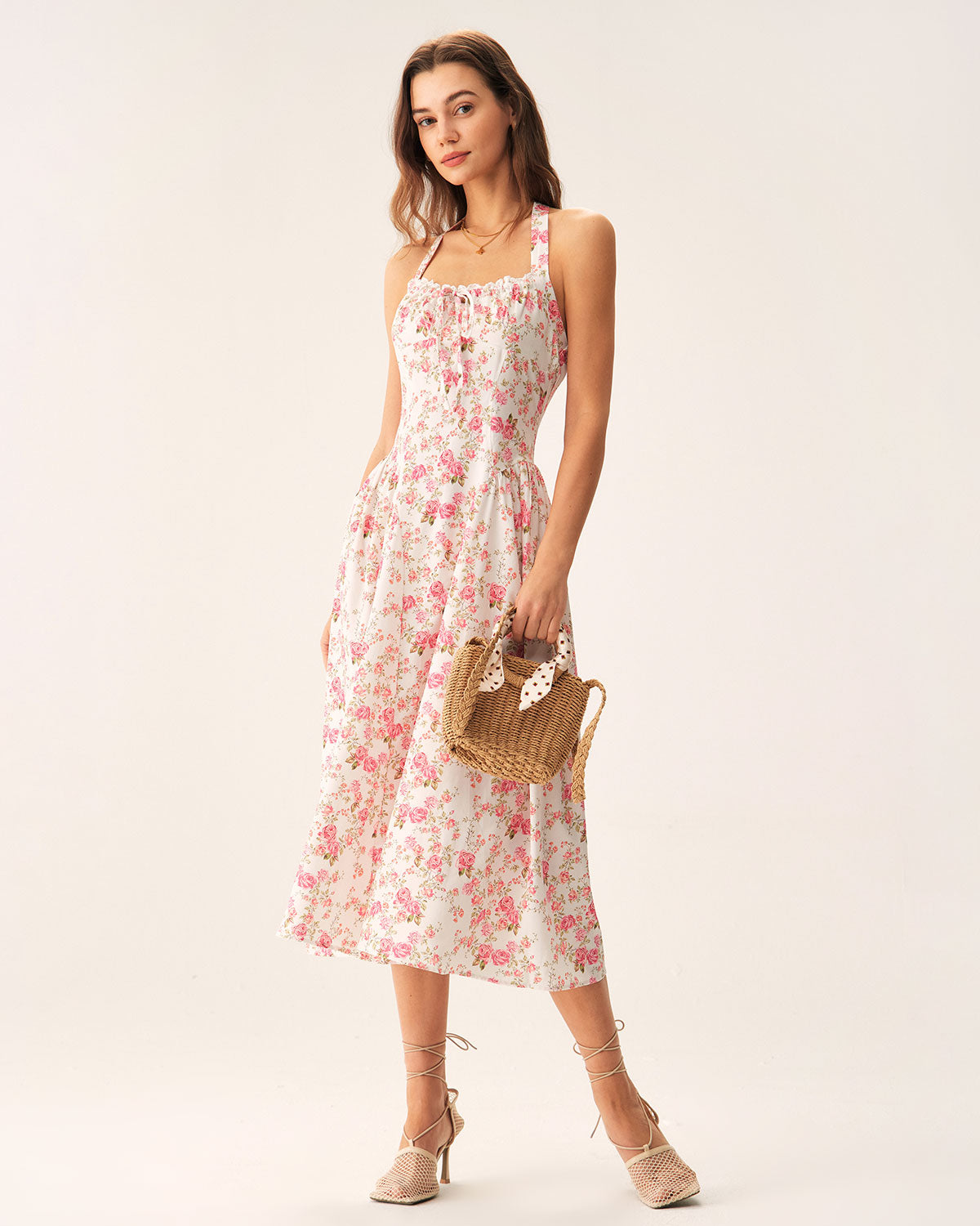 Floral Print Pink Halter Midi Dress