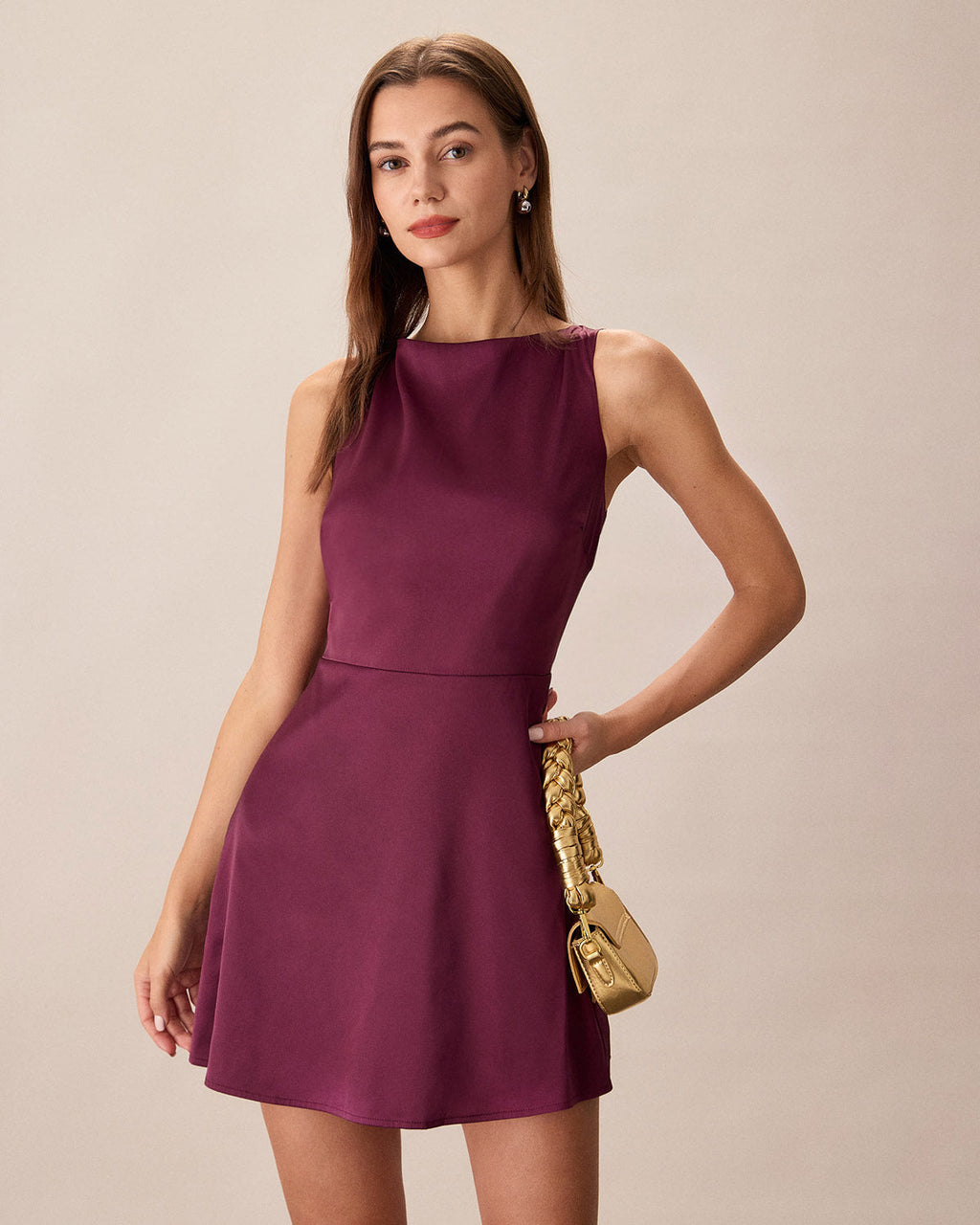 Purple Sleeveless Mini Dress with Boat Neck
