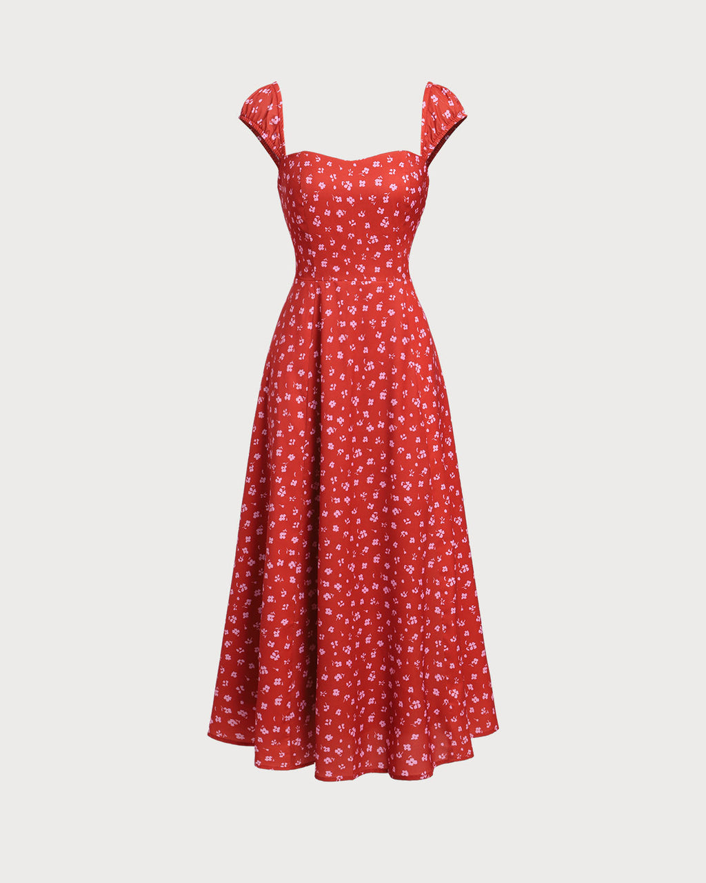 Red Floral Midi Dress with Sweetheart Neckline and Cap Sleeves