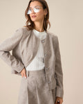 Khaki Single-Breasted Jacket with Round Neck