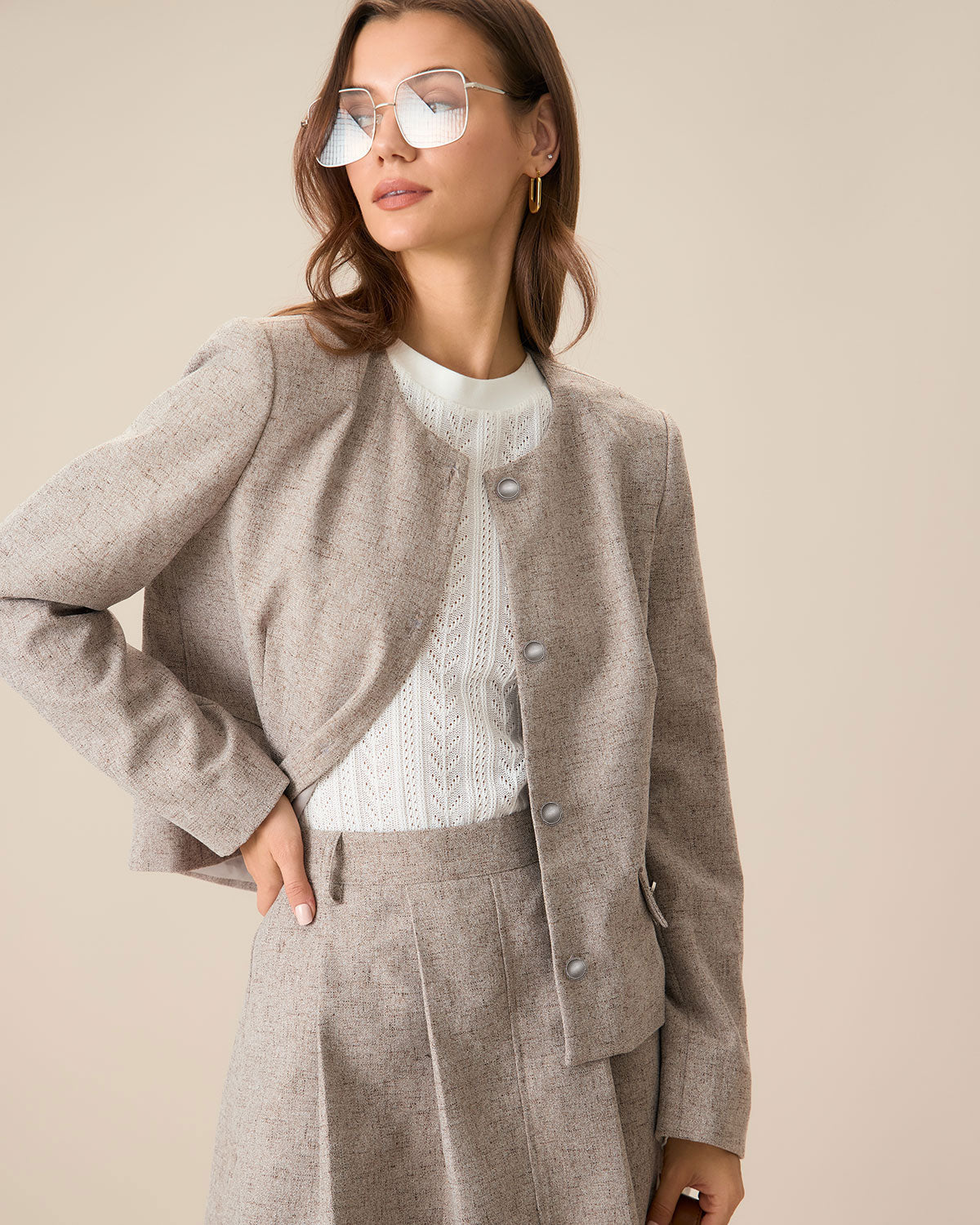 Khaki Single-Breasted Jacket with Round Neck