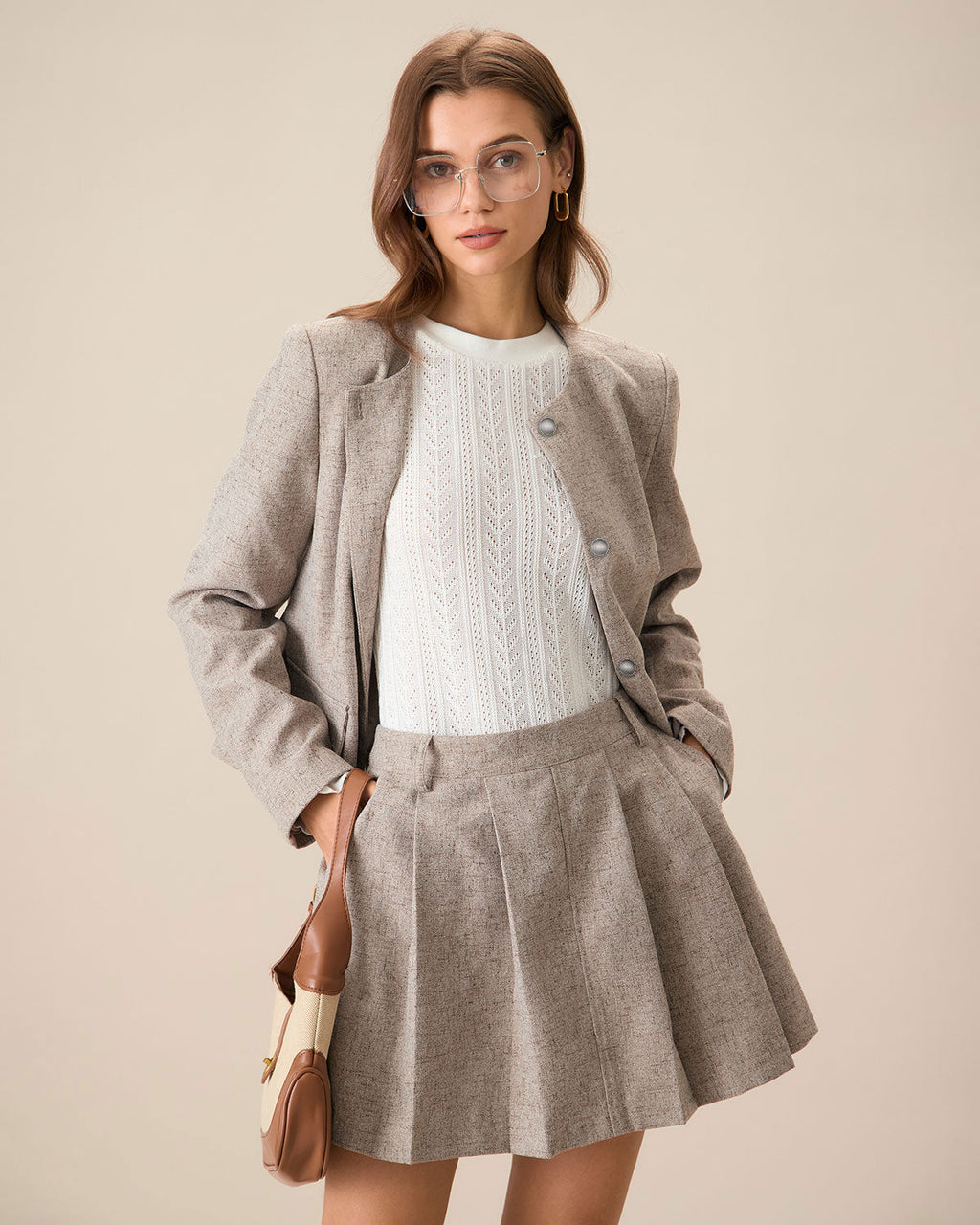 Khaki Single-Breasted Jacket with Round Neck
