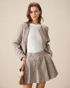Khaki Single-Breasted Jacket with Round Neck