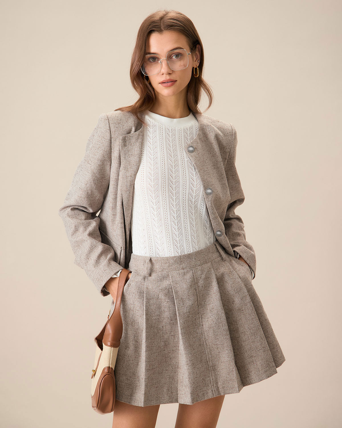 Khaki Single-Breasted Jacket with Round Neck