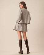 Khaki Single-Breasted Jacket with Round Neck