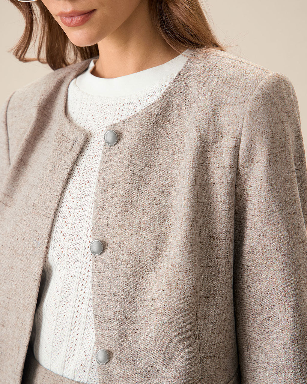 Khaki Single-Breasted Jacket with Round Neck