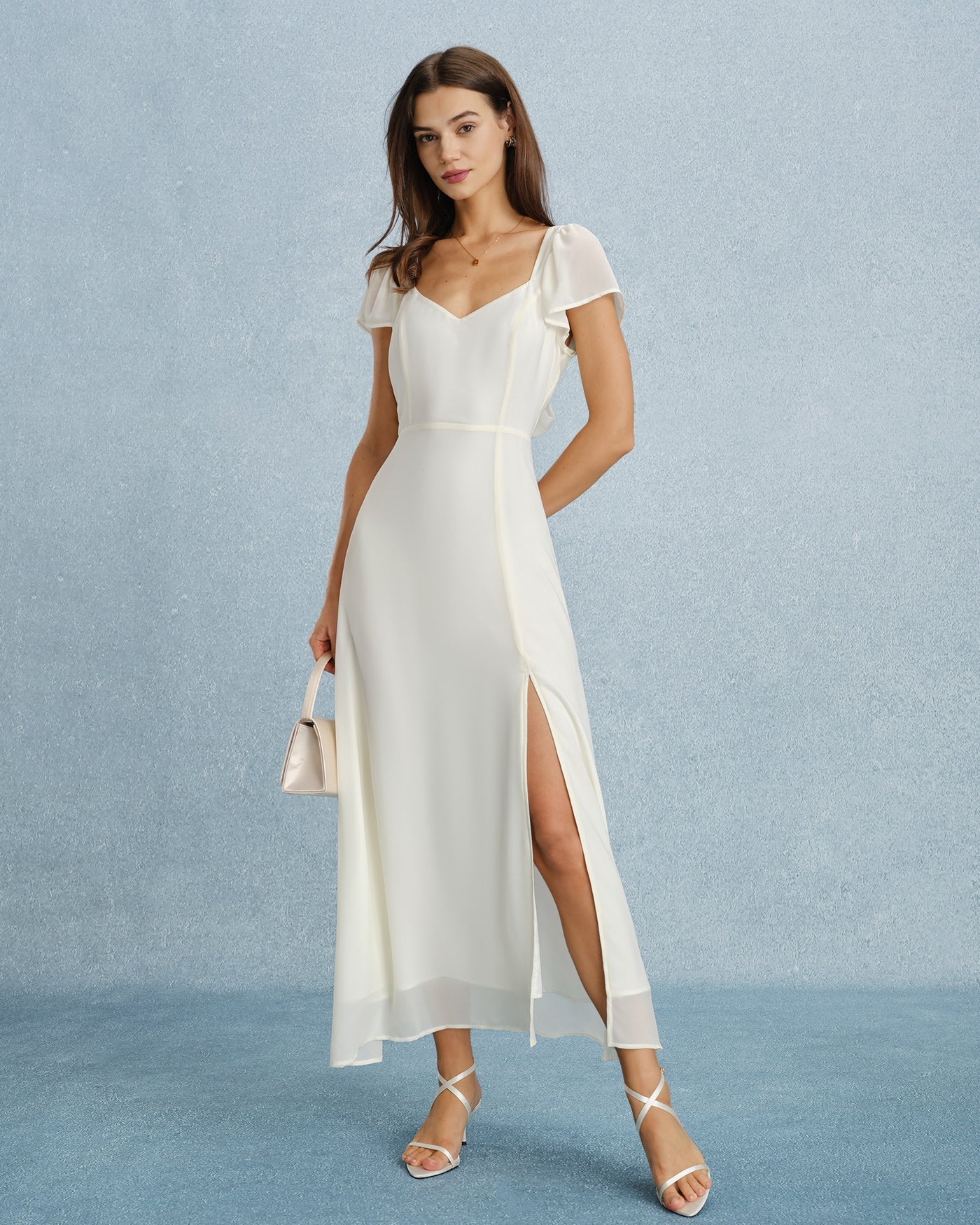 Apricot Sweetheart Neck Chiffon Maxi Dress with Slit