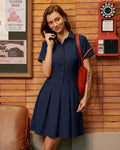 Navy Pleated Mini Dress with Button Details