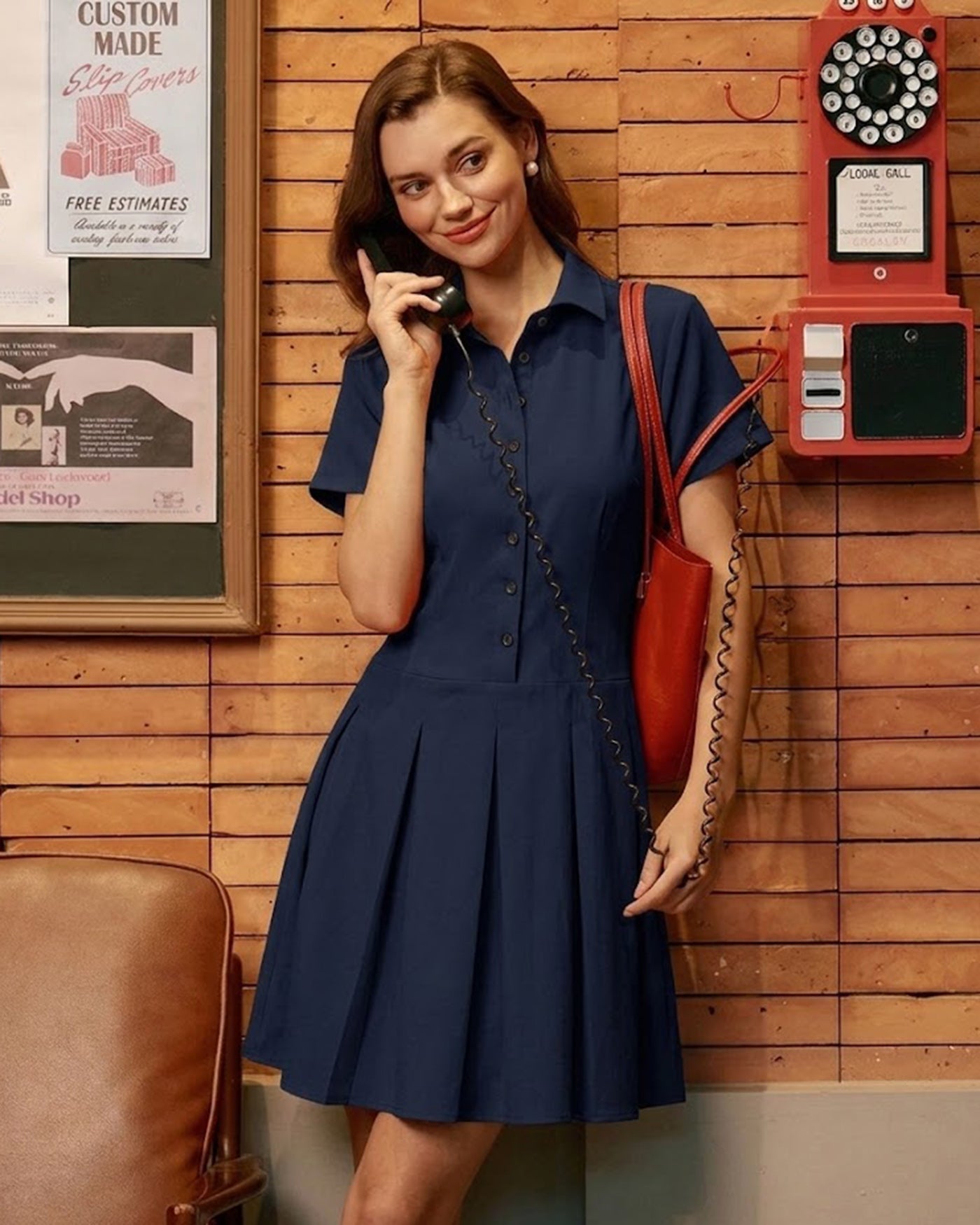 Navy Pleated Mini Dress with Button Details