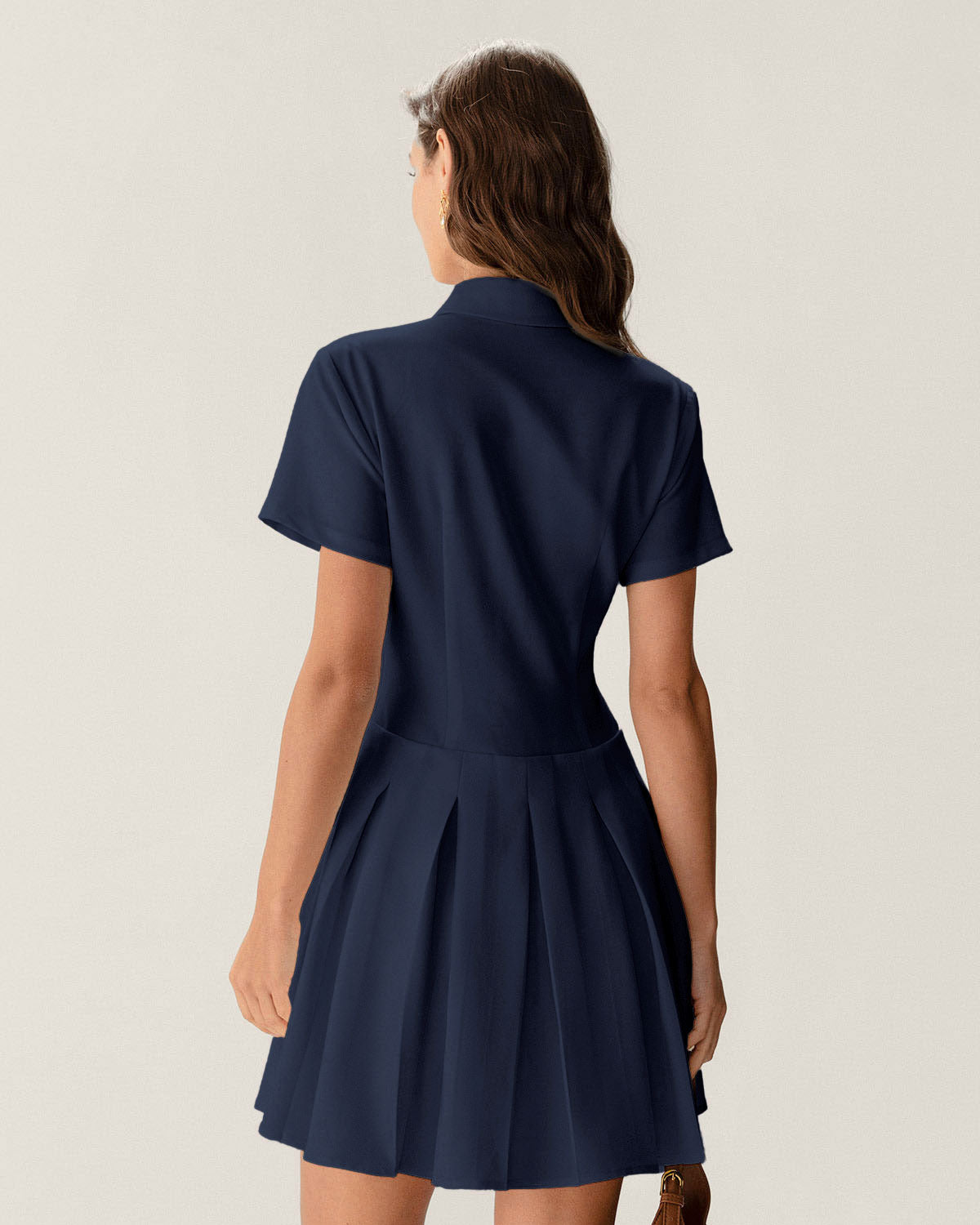 Navy Pleated Mini Dress with Button Details