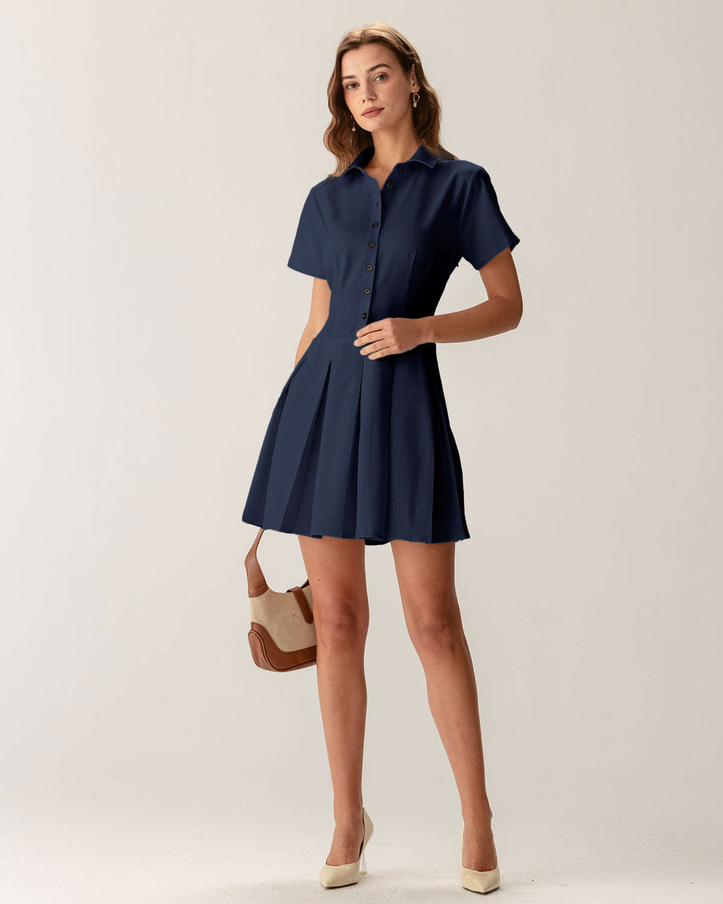 Navy Pleated Mini Dress with Button Details