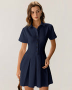 Navy Pleated Mini Dress with Button Details
