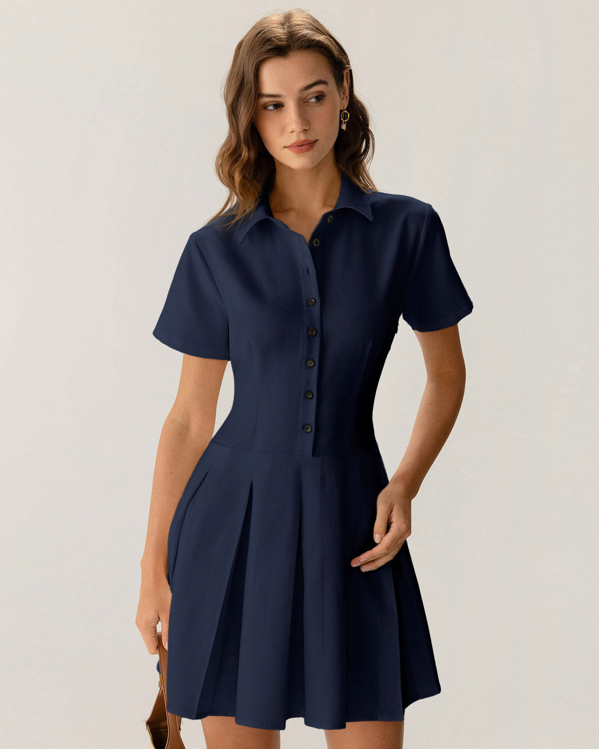 Navy Pleated Mini Dress with Button Details