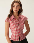 Red Plaid Cap Sleeve Button-Up Top