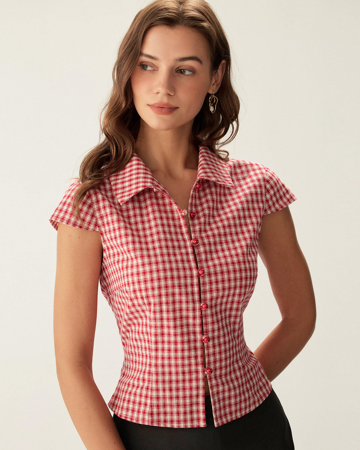 Red Plaid Cap Sleeve Button-Up Top