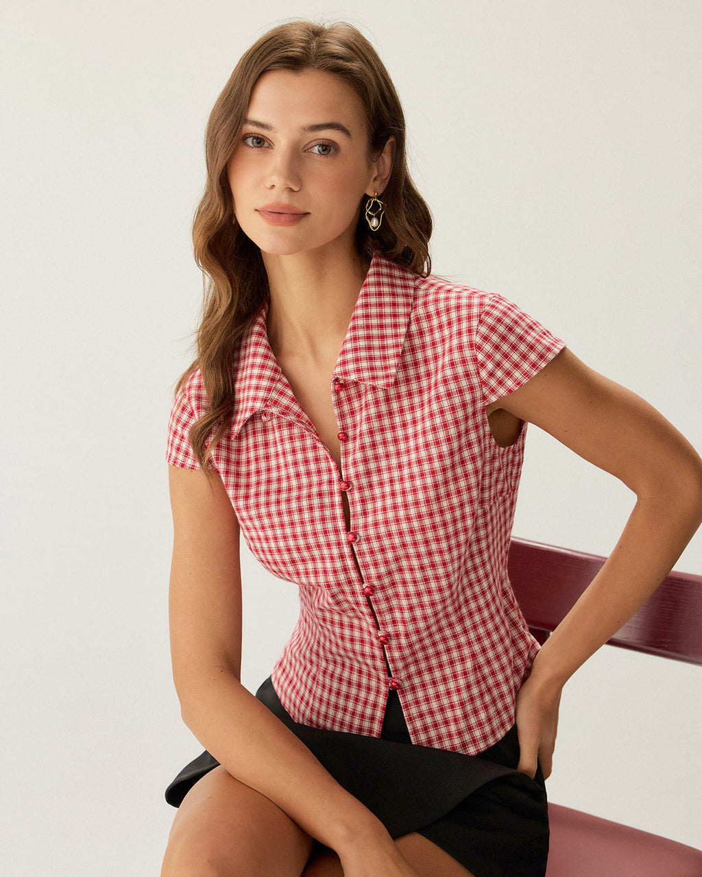 Red Plaid Cap Sleeve Button-Up Top