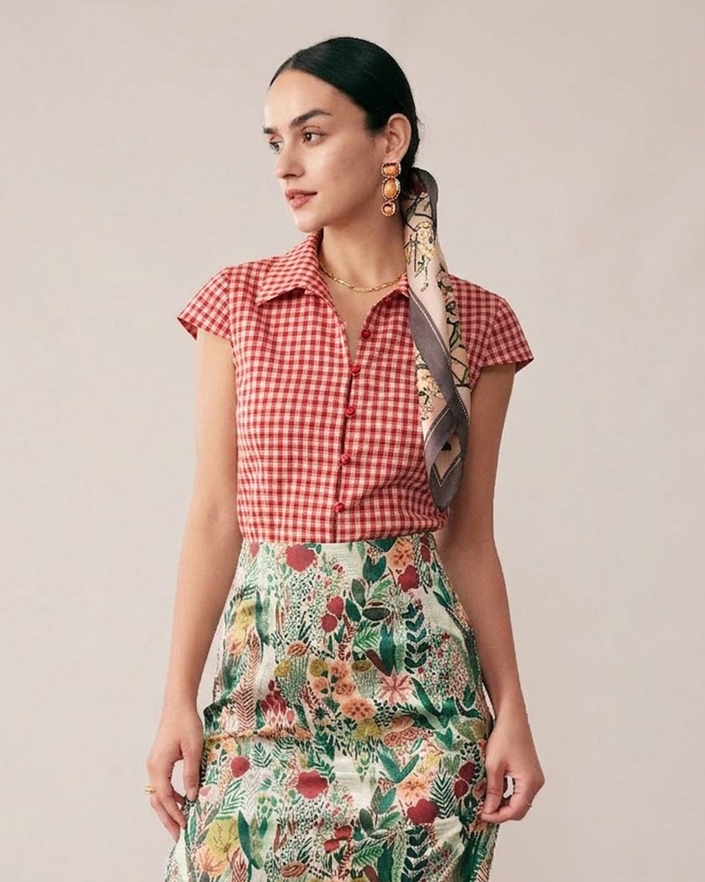 Red Plaid Cap Sleeve Button-Up Top