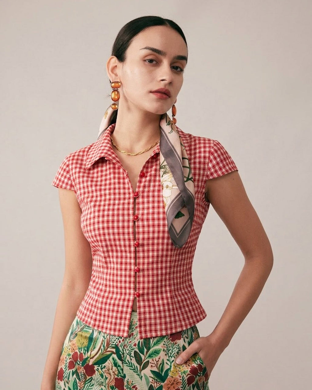 Red Plaid Cap Sleeve Button-Up Top