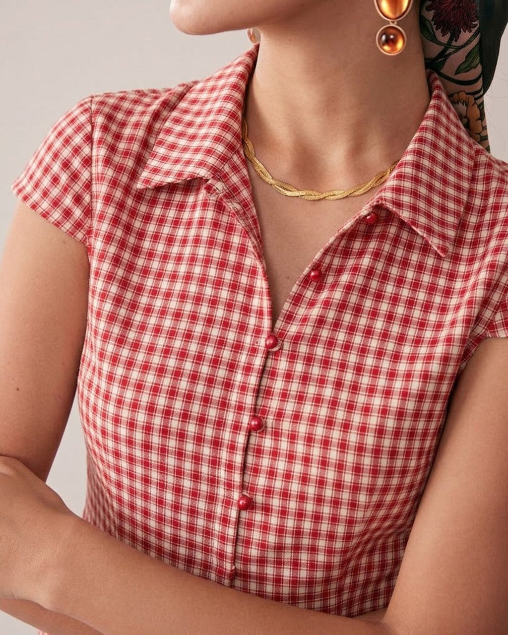 Red Plaid Cap Sleeve Button-Up Top