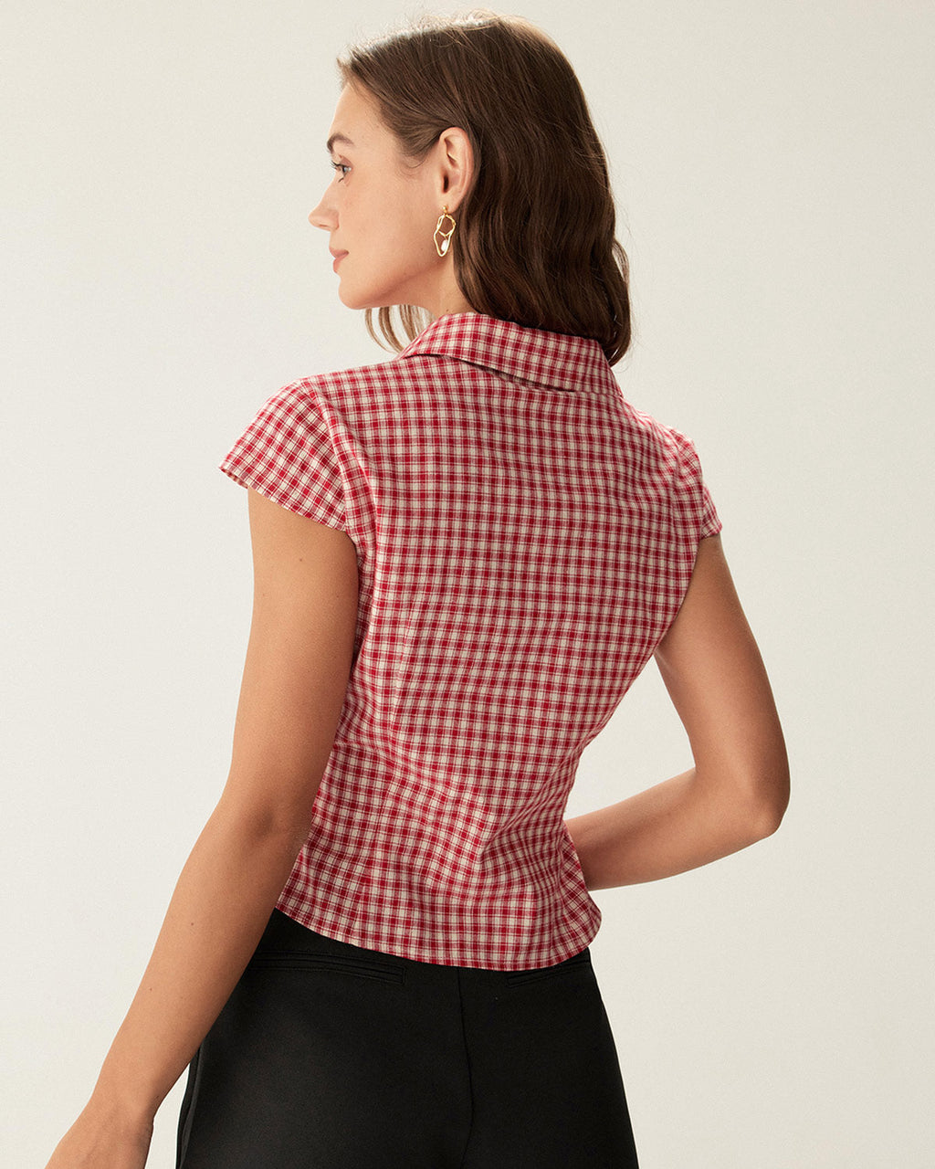 Red Plaid Cap Sleeve Button-Up Top