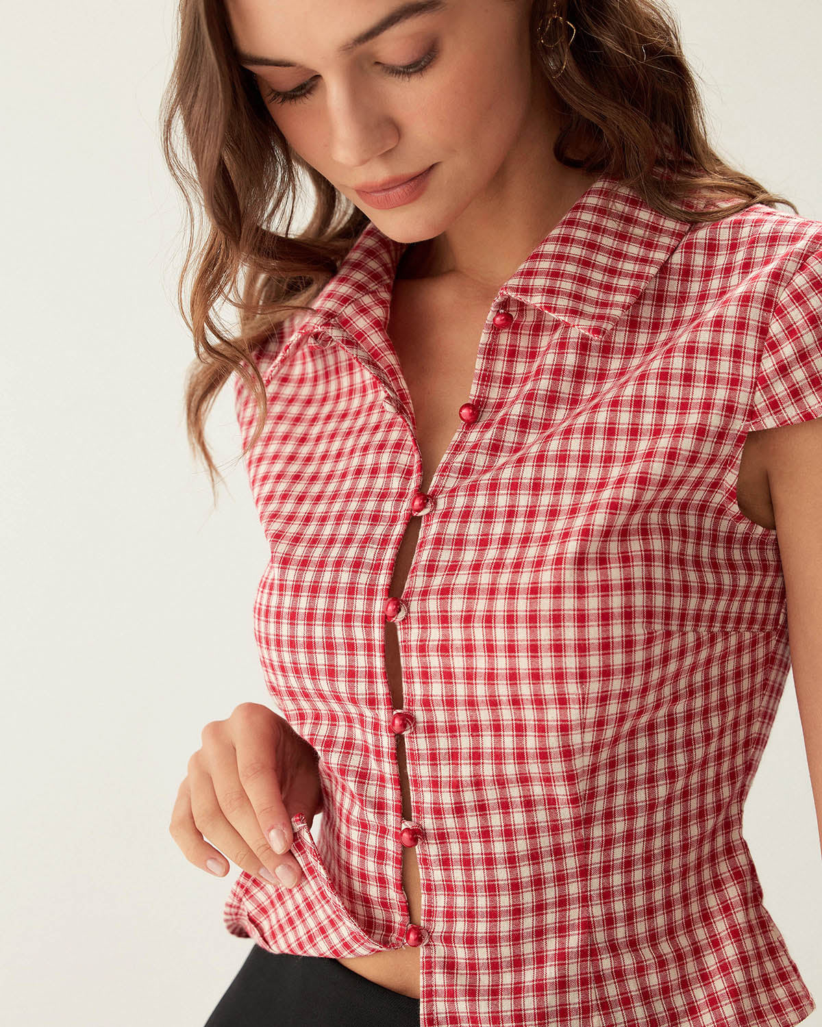 Red Plaid Cap Sleeve Button-Up Top