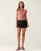 Red Plaid Cap Sleeve Button-Up Top