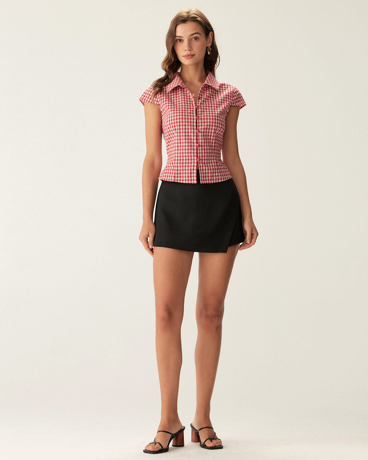 Red Plaid Cap Sleeve Button-Up Top