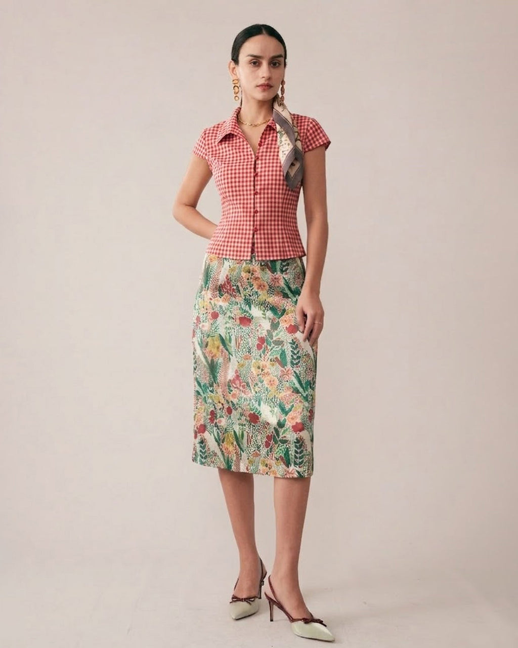 Red Plaid Cap Sleeve Button-Up Top