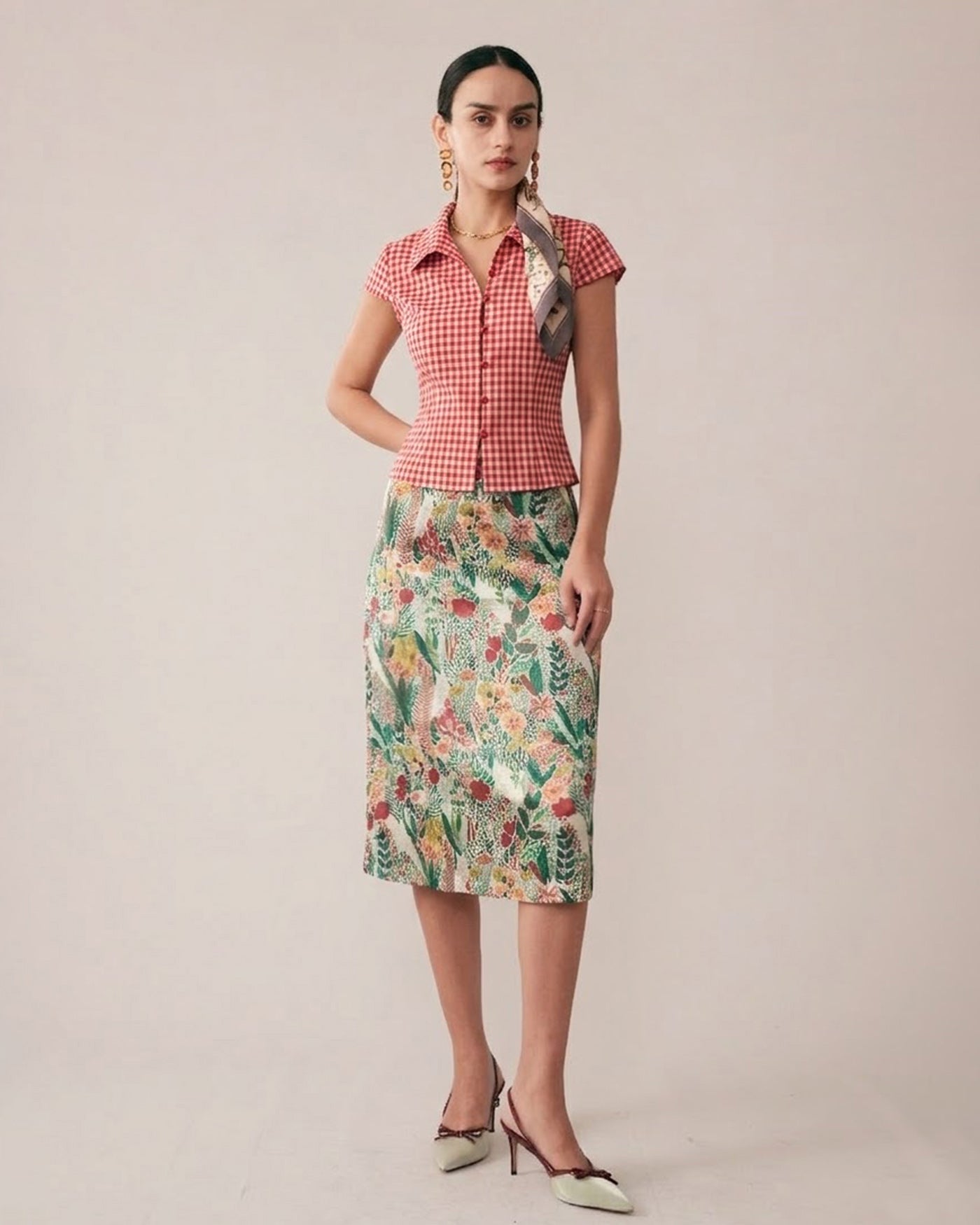 Red Plaid Cap Sleeve Button-Up Top