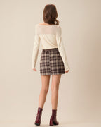 Brown Checkered Straight Mini Skirt