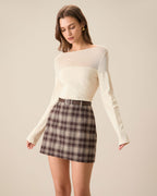 Brown Checkered Straight Mini Skirt