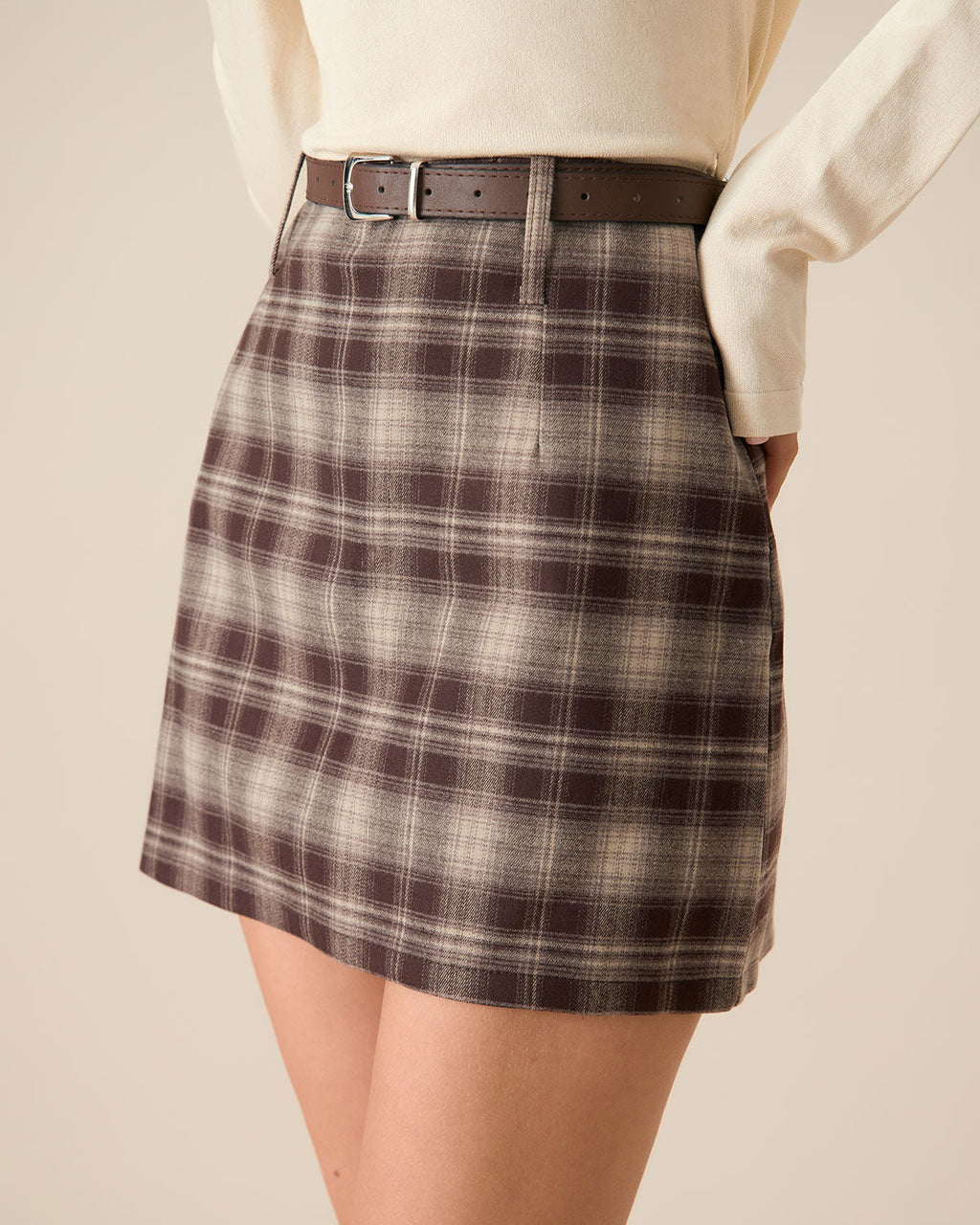 Brown Checkered Straight Mini Skirt