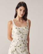 Floral Print Slim Fit Beige Tank Top