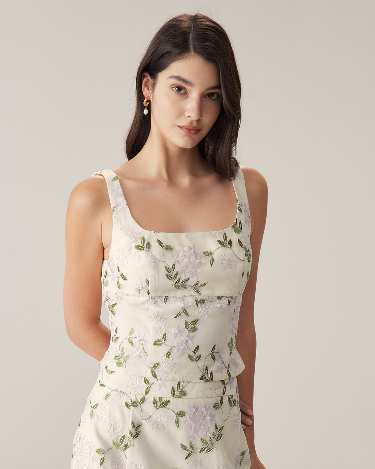 Floral Print Slim Fit Beige Tank Top